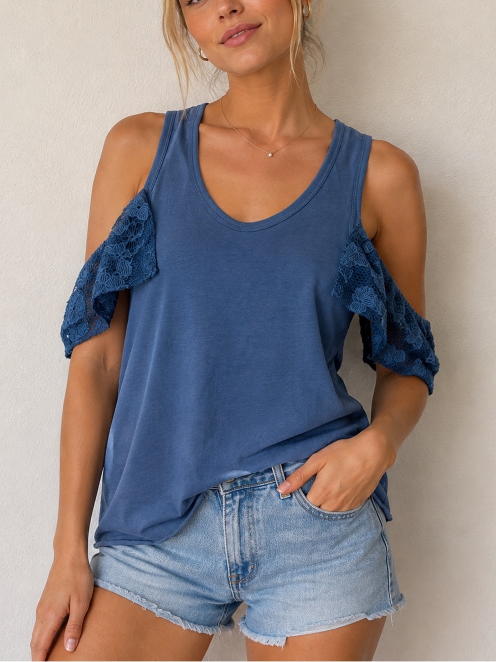 See By Chloe Blue Cold-Shoulder Lace Trim Tank